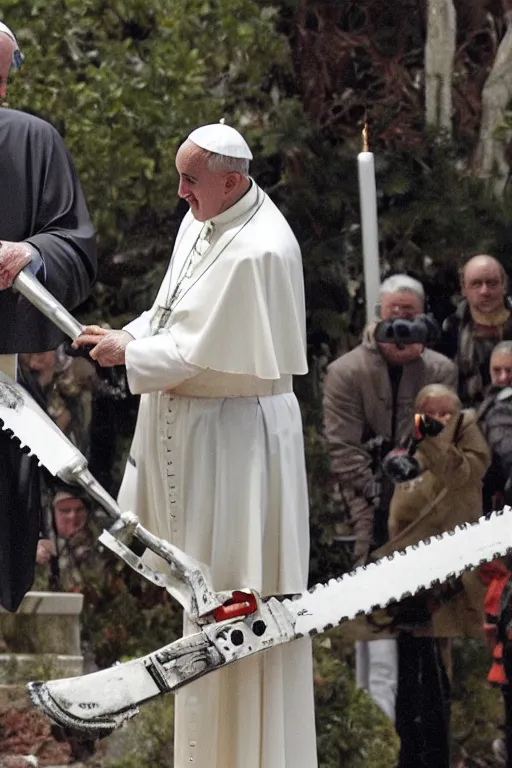 Image similar to the pope cutting a statue of jesus on the cross with a chainsaw