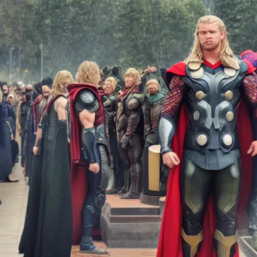 Prompt: A line queue of Thor. Thor is waiting in the line. he is in the middle of the line.