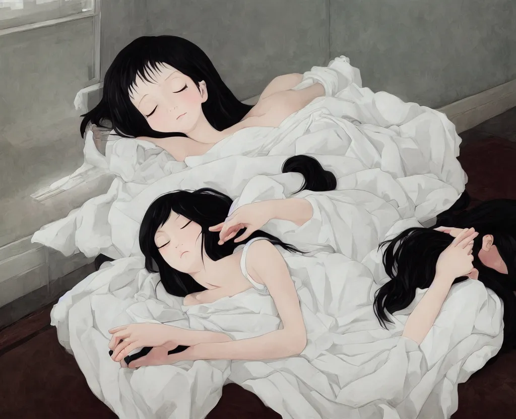 Prompt: room with an little girl with an long black hair dressed in a simple white dress sleeping, anime art style, digital art ilya kuvshinov, inspired by balthus, hd, 4 k, hyper detailed, dark, anatomically correct, angelic face