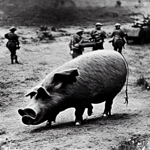 Prompt: a ww 2 photograph about giant pig falling on battlefield.