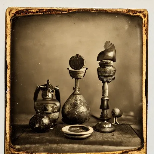 Image similar to Tintype photography of exotic objects, magic objects, ethnographic museum, indigenous, salvaje, nature and culture, 1920s studio lighting.