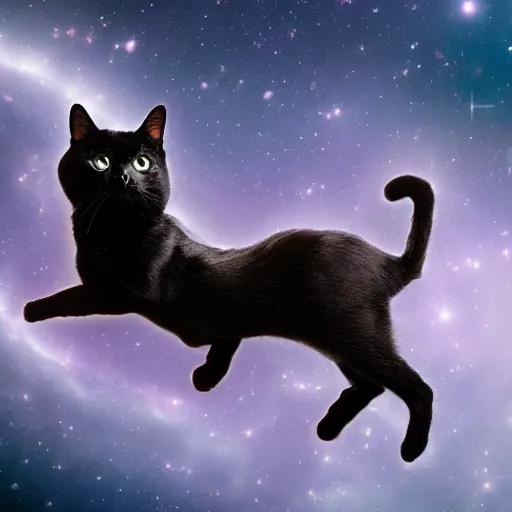 Image similar to black cat is floating in space, photo 4k