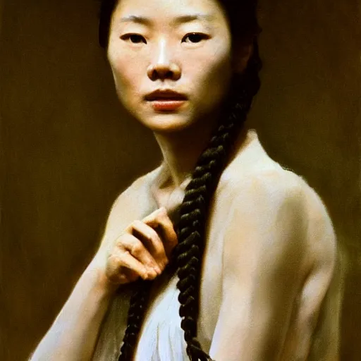 Prompt: a stunning masterful portrait of a confident tokyo woman with braided hair by andrew wyeth, john singer sargent, and norman rockwell, natural light, oil painting, ethereal, wong kar wai, strong brushwork