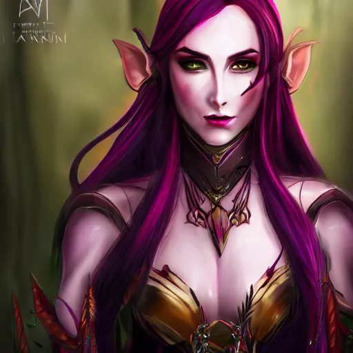 Image similar to portrait of a female high elf with magenta eyes and dark hair, digital art dnd beyond trending on art station 8 k