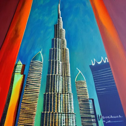 Image similar to The Burj Khalifa, Dubai, acrylic painting, high detail -1024