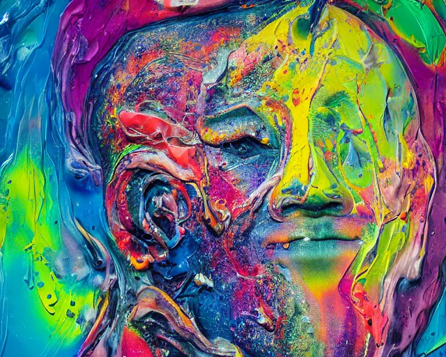 Image similar to abstract expressionist portrait of a head showing strong negative emotions painted with very thick impasto paint and acrylic pour and coloured powder explosion and splashing paint and dripping paint and flying paint chunks, motion blur, hyperrealistic, intricate art photography, anatomically correct, realistic crisp textures, 1 6 k