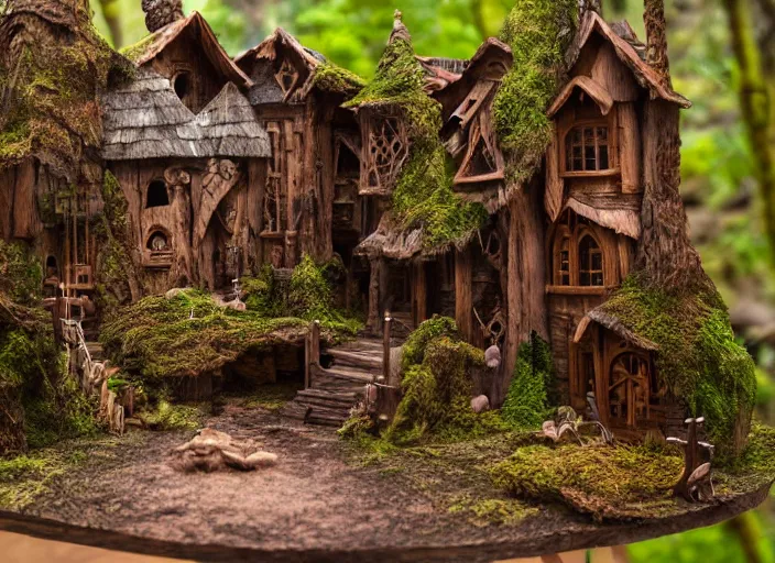 Prompt: high - res gopro photograph from within a wooden sculpture diorama with a fantasy castle, highly detailed sculpey diorama, forest setting in iceland, waterfall backdrop, realistic materials, wood, felt, cloth, burlap, copper wire, hot glue, smooth, sharp foccus, commercial product photography,