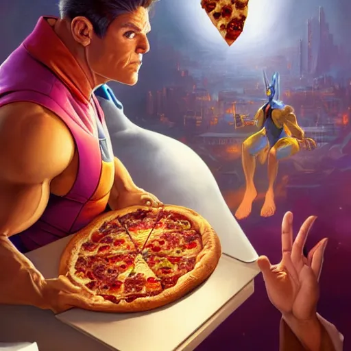 Prompt: ultra realistic illustration of the noid stealing a pizza from thanos, intricate, elegant, highly detailed, digital painting, artstation, concept art, smooth, sharp focus, illustration, art by artgerm and greg rutkowski and alphonse mucha