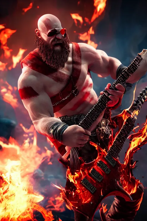 Prompt: sunglasses wearing kratos rocking out on a flaming stratocaster axe, cinematic render, god of war 2 0 1 8, playstation studios official media, lightning, flames, red stripe, red stripe