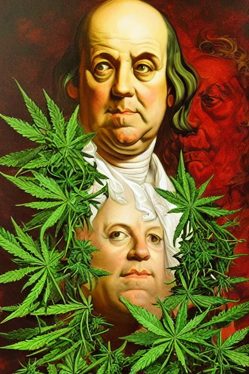 Prompt: hyper realistic portrait painting of benjamin franklin ( intricate detail, hot neon green ornaments, marijuana leaves ) wet, marijuana buds, by saturno butto, boris vallejo, austin osman spare and david kassan, by bussiere. occult art, occult diagram, red and green color scheme.