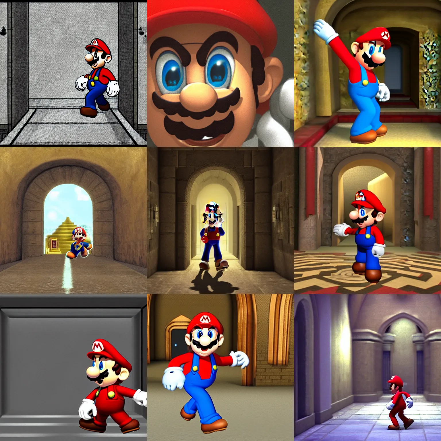 Prompt: shocked Mario walking into an empty castle chamber