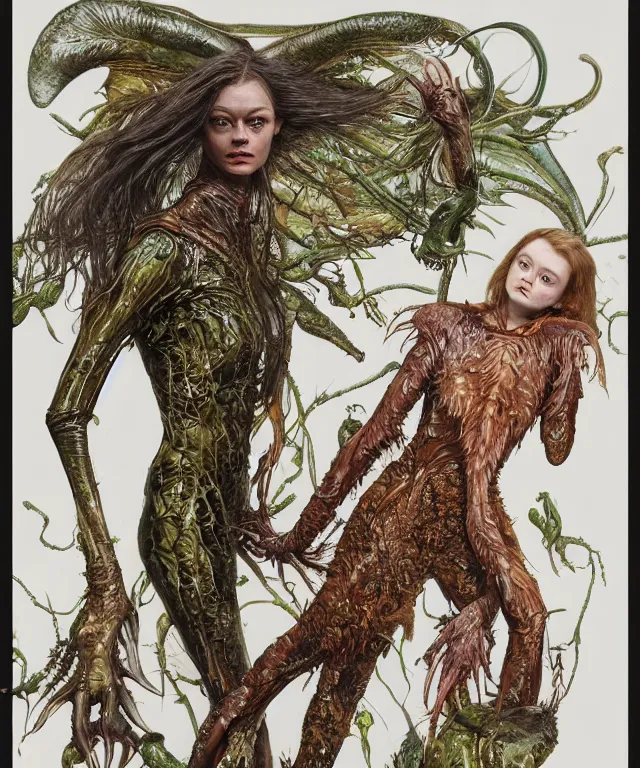 Prompt: a portrait photograph of a fierce sadie sink as an alien harpy queen with slimy amphibian skin. she is trying on a black latex bulbous slimy organic membrane parasitic catsuit and transforming into an insectoid amphibian. by donato giancola, walton ford, ernst haeckel, brian froud, hr giger. 8 k, cgsociety