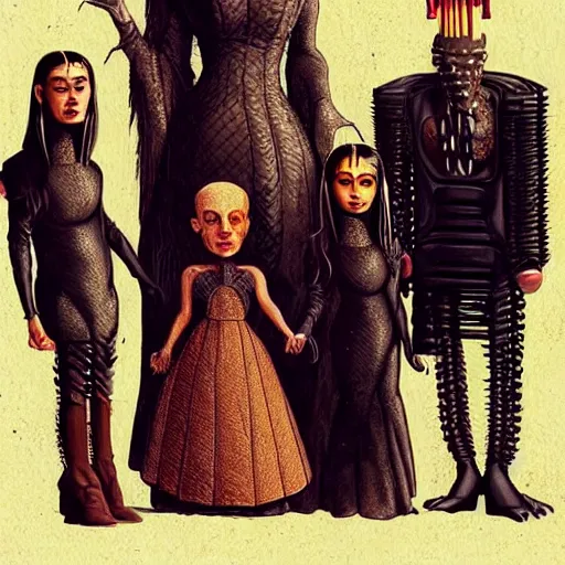 Image similar to Family portrait of Kim Kardashian and her husband pinhead from 'Hellraiser!'. with their 3 children. illustration, highly detailed by Greg Rutkowski