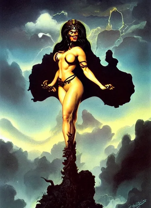 Prompt: portrait of demoness soldier, above black clouds, black iron tiara, strong line, deep color, forest, beautiful! coherent! by boris vallejo, by frank frazetta, minimalism