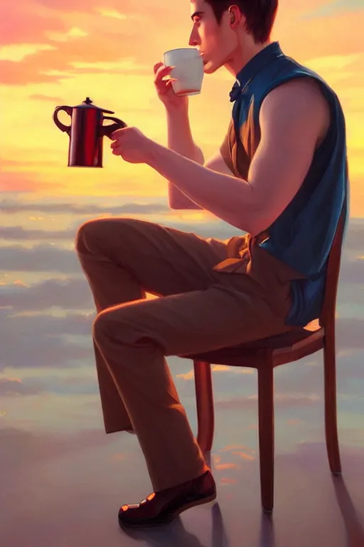 Image similar to attractive man drinking tea, sunset, painting by ross tran, j. c. leyendecker, tom of finland, trending on artstation