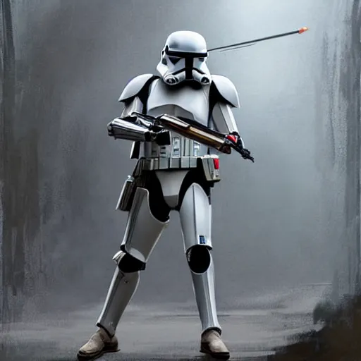 Image similar to an extremely long shot of an imperial stormtrooper in battle position ready to shoot his blaster concept art by Doug Chiang cinematic, realistic painting, high definition, very detailed, extremely high detail, photo realistic, concept art, the Mandalorian concept art style