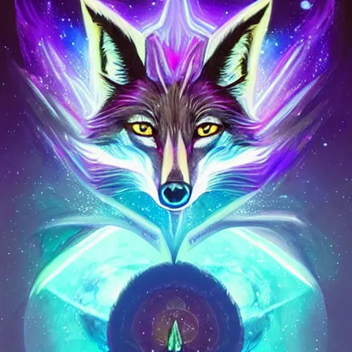 Image similar to a stylized blacklight painting of an avatar of an awesome cosmic powerful luxurious foxfolk mage themed around death and nebulas, in the style of dnd beyond avatar portraits, beautiful, artistic, elegant, lens flare, magical, lens flare, nature, realism, stylized, art by jeff easley