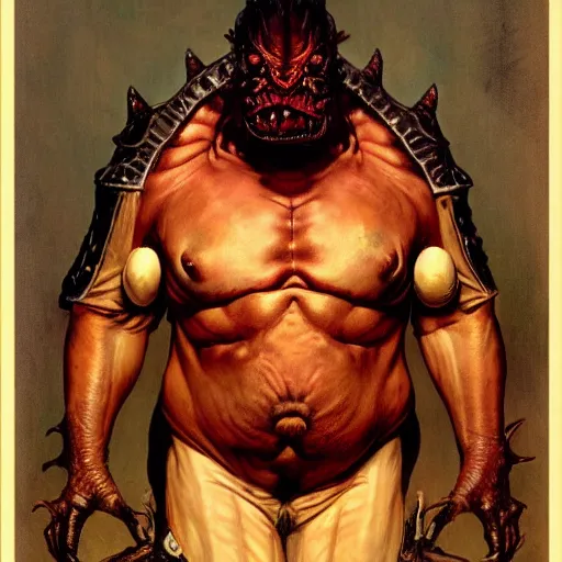 Prompt: photoreal portrait of a armoured bloated demonic man, by norman rockwell and boris vallejo, artstation, horror, concept creature character art