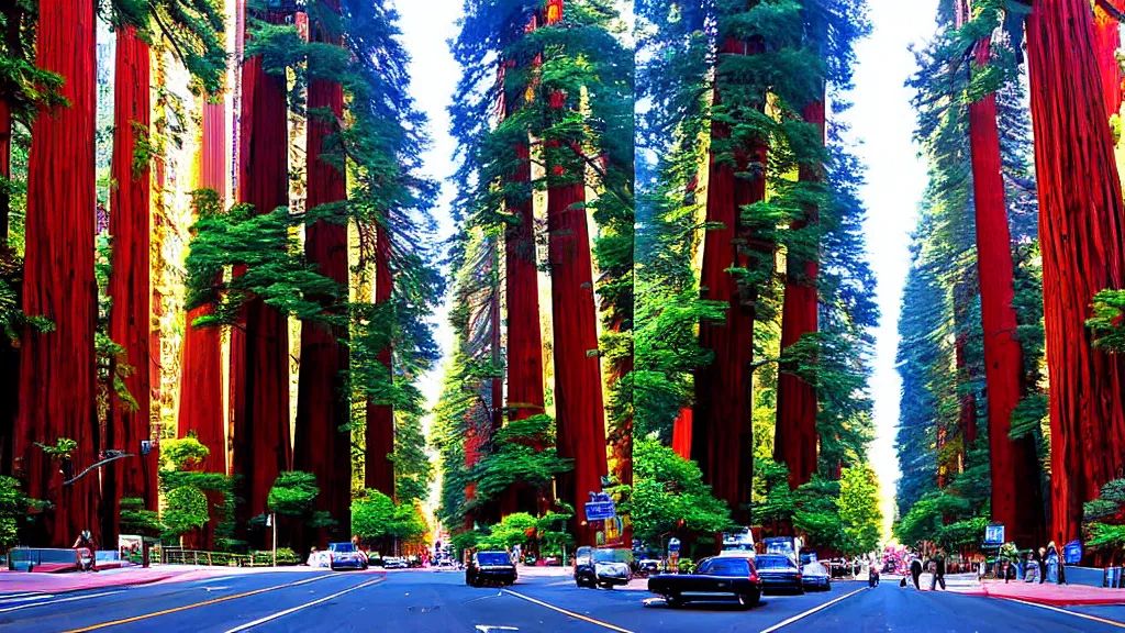 Image similar to Market Street lined with Redwood Trees by bruce mccall; Futuristic City in Harmony with Nature; Location: San Francisco, California;