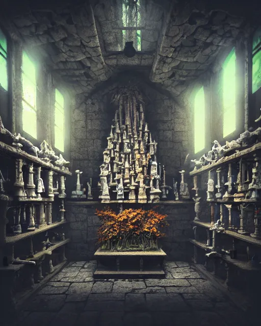 Image similar to full color, low ultrawide interior shot of sedlec ossuary, bones, anime style mixed with fujifilm, dark, foggy, atmospheric, artstation, cgsociety, octane render, cgi, denoise, detailed, cinematic masterpiece