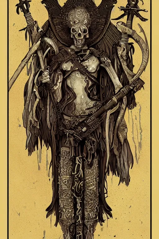 Prompt: Full tarot card, occult, tribal, symbolism, bones, highly detailed, trending on artstation, CGSociety