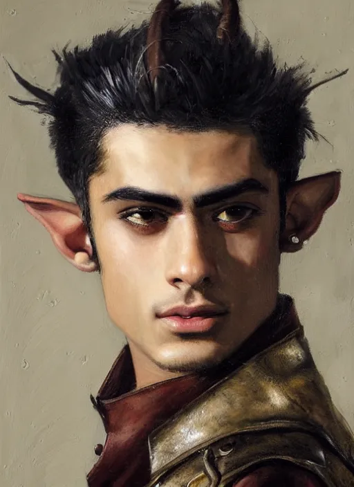 Image similar to head and shoulders portrait painting of young man who looks like zayn malik as an elf by jeremy mann, wearing leather napoleonic military style jacket, only one head single portrait, pointy ears