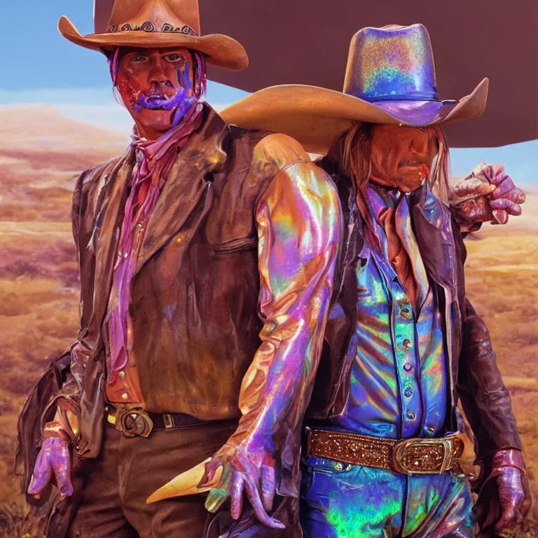 Image similar to 1 9 7 0's spaghetti western film octane render portrait by wayne barlow and carlo crivelli and glenn fabry, a person wearing a shiny colorful iridescent latex suit and cowboy hat covered in colorful slime, standing in a scenic western landscape, cinema 4 d, ray traced lighting, very short depth of field, bokeh