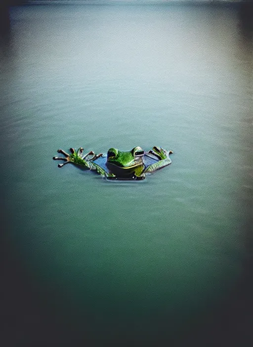 Image similar to “semitranslucent smiling frog vertically hovering over misty lake waters in crucifix pose, low angle, long cinematic shot by Andrei Tarkovsky, paranormal, eerie, mystical”