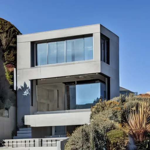 Prompt: a modern concrete mansion on the bluffs overlooking downtown san francisco