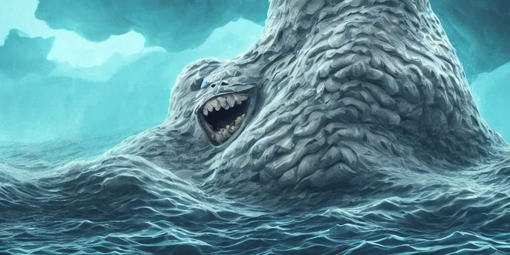 Prompt: of a stormy ocean with strange cute friendly happy creatures with huge eyes, mouth, long tongue, round teeth and goofy face, appearing from the background, in the style of gehry and gaudi, macro lens, shallow depth of field, ultra detailed, digital painting, trending artstation, concept art, illustration, cinematic lighting, photorealism, epic, octane render