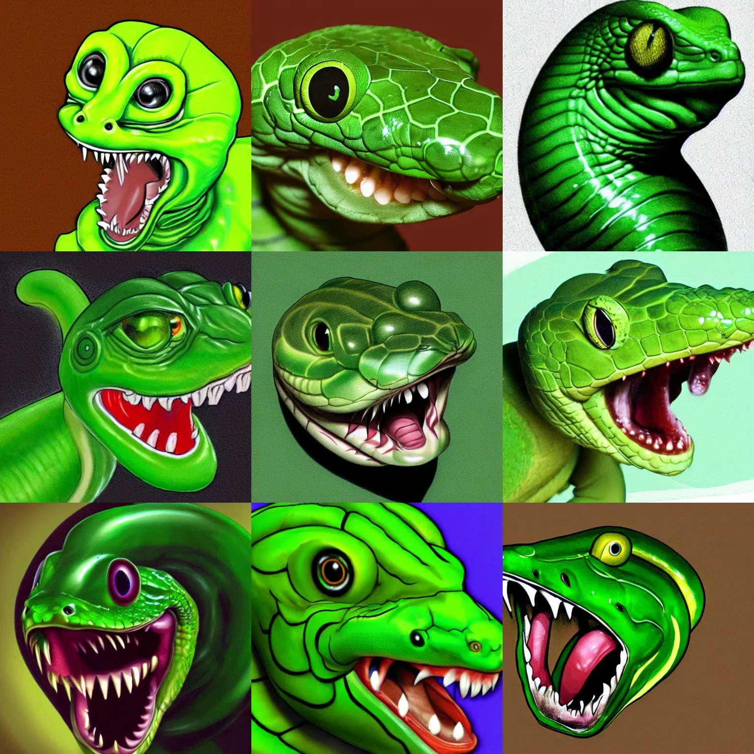 Prompt: Profile picture of green snake with large head looking to the right, portrait, computer drawing, large fangs, open mouth, large eyes