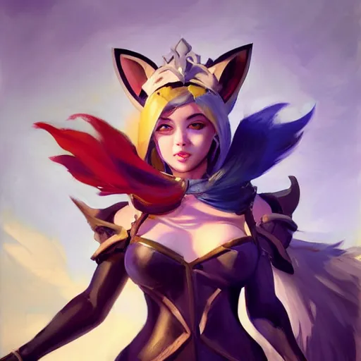 Image similar to greg manchess portrait painting of partially armored ahri from league of legends as overwatch character, medium shot, asymmetrical, profile picture, organic painting, sunny day, matte painting, bold shapes, hard edges, street art, trending on artstation, by huang guangjian, gil elvgren, ruan jia, randy vargas, greg rutkowski, gaston bussiere