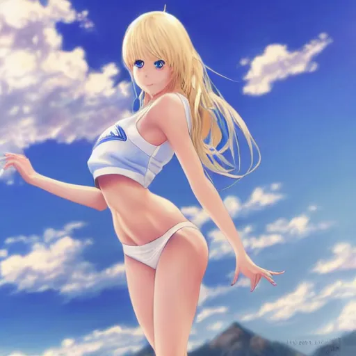 Image similar to full body shot : a very beautiful young blond basketball anime girl, sky blue eyes, bikini, white miniskirt, highly detailed, cinematic wallpaper by stanley artgerm lau