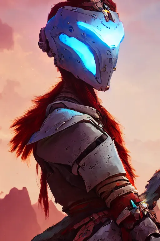 Image similar to combination suit armor aloy horizon forbidden west horizon zero dawn radiating a glowing aura global illumination ray tracing hdr fanart arstation by ian pesty and alena aenami artworks in 4 k tribal robot ninja mask helmet backpack