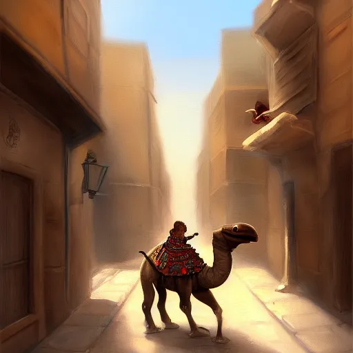 Prompt: A painting of a mouse Riding a camel through a narrow street in london, highly detailed, digital painting, Artstation, smooth