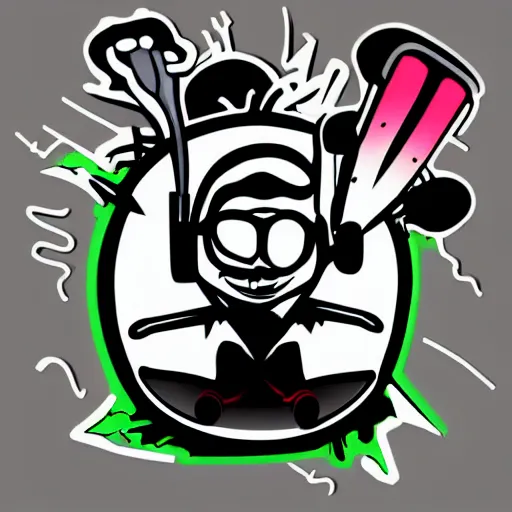 Image similar to svg vector sticker of absolutely insane-mad-scientist-villain, rocking out, wearing headphones, huge speakers, dancing, rave, DJ, spinning records, digital art, amazing composition, rule-of-thirds, award-winning, trending on artstation, featured on deviantart