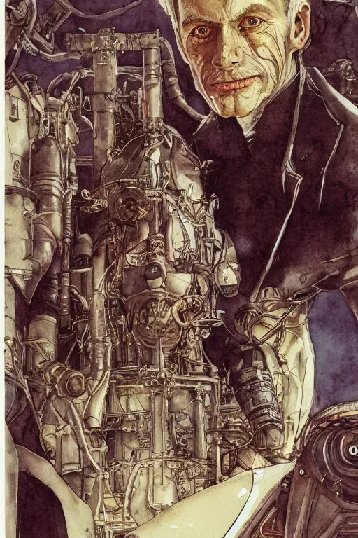 Image similar to zoomed out portrait of a german duke, stylized illustration by yoshitaka amano and moebius, watercolor gouache detailed paintings from enki bilal, dieselpunk, solarpunk, artstation