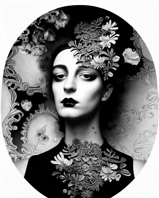 Image similar to black and white masterpiece profile portrait painting with no frame, dutch masters, silver lace floral steampunk biomechanical beautiful one techno eye young female cyborg, big monocular, volumetric light, leaves foliage and stems, hibiscus flowers, by dora maar, rim light, big gothic fashion pearl embroidered collar, 8 k