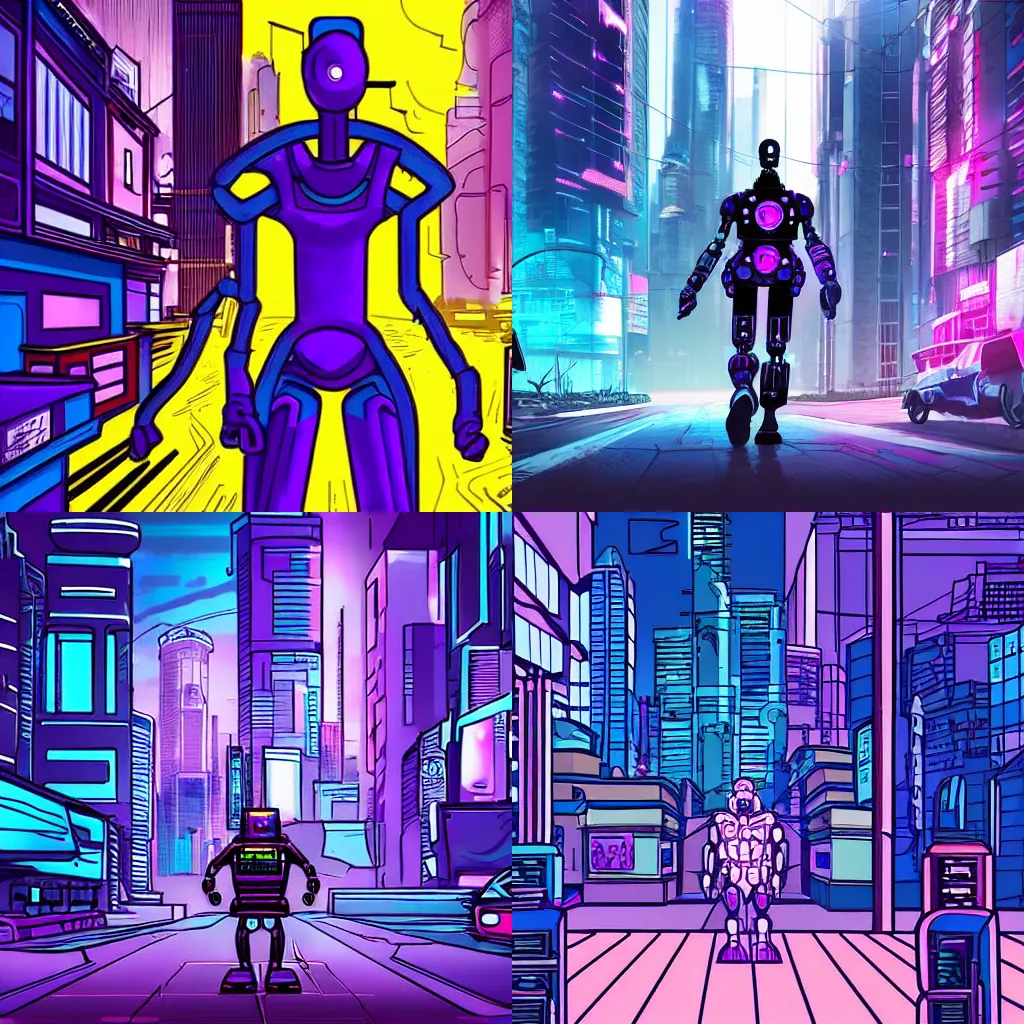 Prompt: cyberpunk city, the robot with heteromorphic head walks in the street, the main color is purple blue