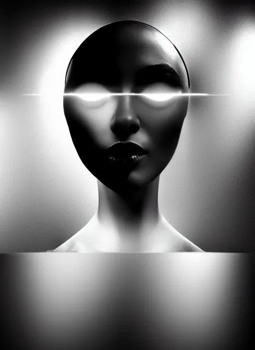 Image similar to surreal mythical dreamy dark artistic black and white fine art fashion portrait photo of a young beautiful delicate female metropolis robot kissing her mirror reflection, spiritual, halo, glory, rim light, cinematic, studio dramatic light, poetic, masterpiece, octane render, 8 k, photo - realistic by dora maar man ray