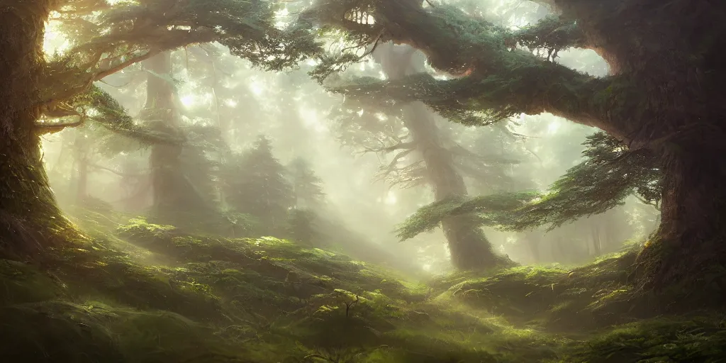 Image similar to a forest, highly detailed oil painting, Jessica Rossier, Studio Ghibli, digital art, octane render, beautiful composition, trending on artstation, masterpiece