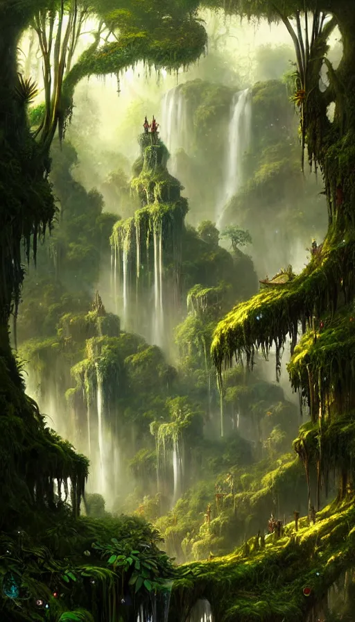 Image similar to fairy palace, castle towers, waterfall of gold and gems, gnarly trees, lush vegetation, forest landscape, painted by tom bagshaw, raphael lacoste, eddie mendoza, alex ross concept art matte painting