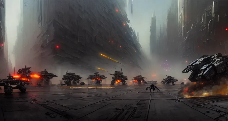 Prompt: hyper realistic sci - fi matte concept art painting of epic cinematic battle between mechwarriors fighting in a city, guns, missiles, explosions, beautiful details, strong composition painted by kim jung guweta studio rutkowski, james gurney and greg rutkowski, and lucasfilm, smooth, intricate, detailed, sharp focus, cinematic