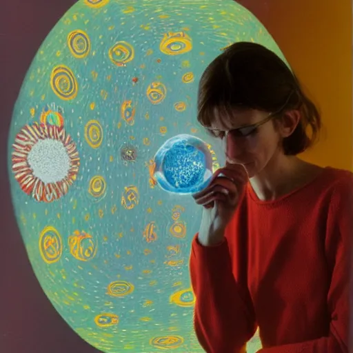 Image similar to A art installation. A rip in spacetime. Did this device in her hand open a portal to another dimension or reality?! by Alice Rahon, by Wes Anderson peaceful