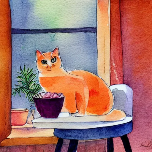 Prompt: A fat, cute orange cat in a beautiful room, cozy, watercolor on paper by CARY KWOK, details, lights, beautiful, 4K, 8K