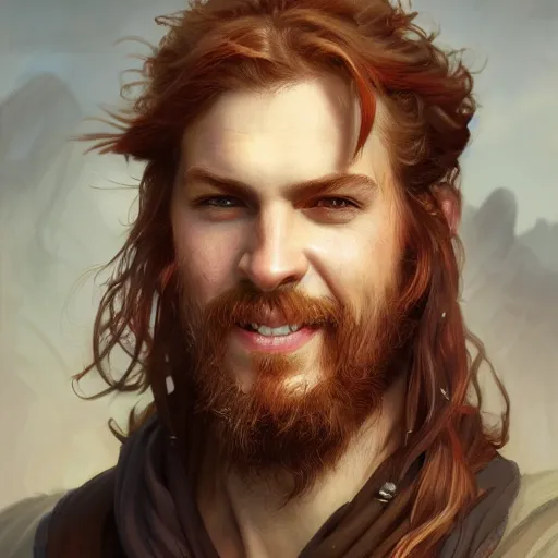 Prompt: portrait of a young rugged pirate, smiling, male, masculine, handsome, upper body, red hair, long hair, D&D, fantasy, intricate, elegant, highly detailed, digital painting, artstation, concept art, matte, sharp focus, illustration, art by Artgerm and Greg Rutkowski and Alphonse Mucha