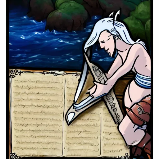 Prompt: a sea elf trying to get an commander, dripping with water, to sign a piece of parchment fantasy drawing