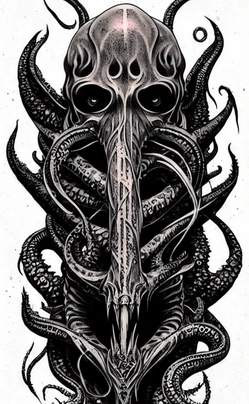 Prompt: tattoo flash art cthulhu by greg rutkowski, by giger, by maxim verehin