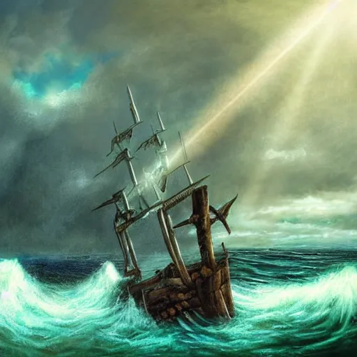 Prompt: wooden shipwreck of old pirate ship on rocks at sea, dramatic lighting, sun beams, god rays illuminating wreck, dark background, gloomy green sea, fantasy art, painting, concept art, oil painting, brushstrokes