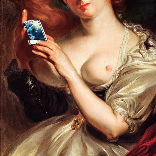 Image similar to heavenly summer sharp land sphere scallop well dressed lady taking a selfie with her iphone auslese, by peter paul rubens and eugene delacroix and karol bak, hyperrealism, digital illustration, fauvist, iphone